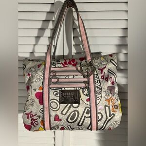 Coach Poppy Graffiti Glam Hearts Y2K silver leather trim tote bag